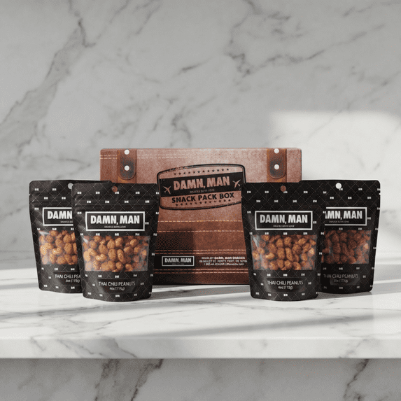 Damn, Man Thai Chili Peanuts Snack Pack Gift Box - 4 Bags Gourmet Nuts - 4 oz. Each - 1 lb Total