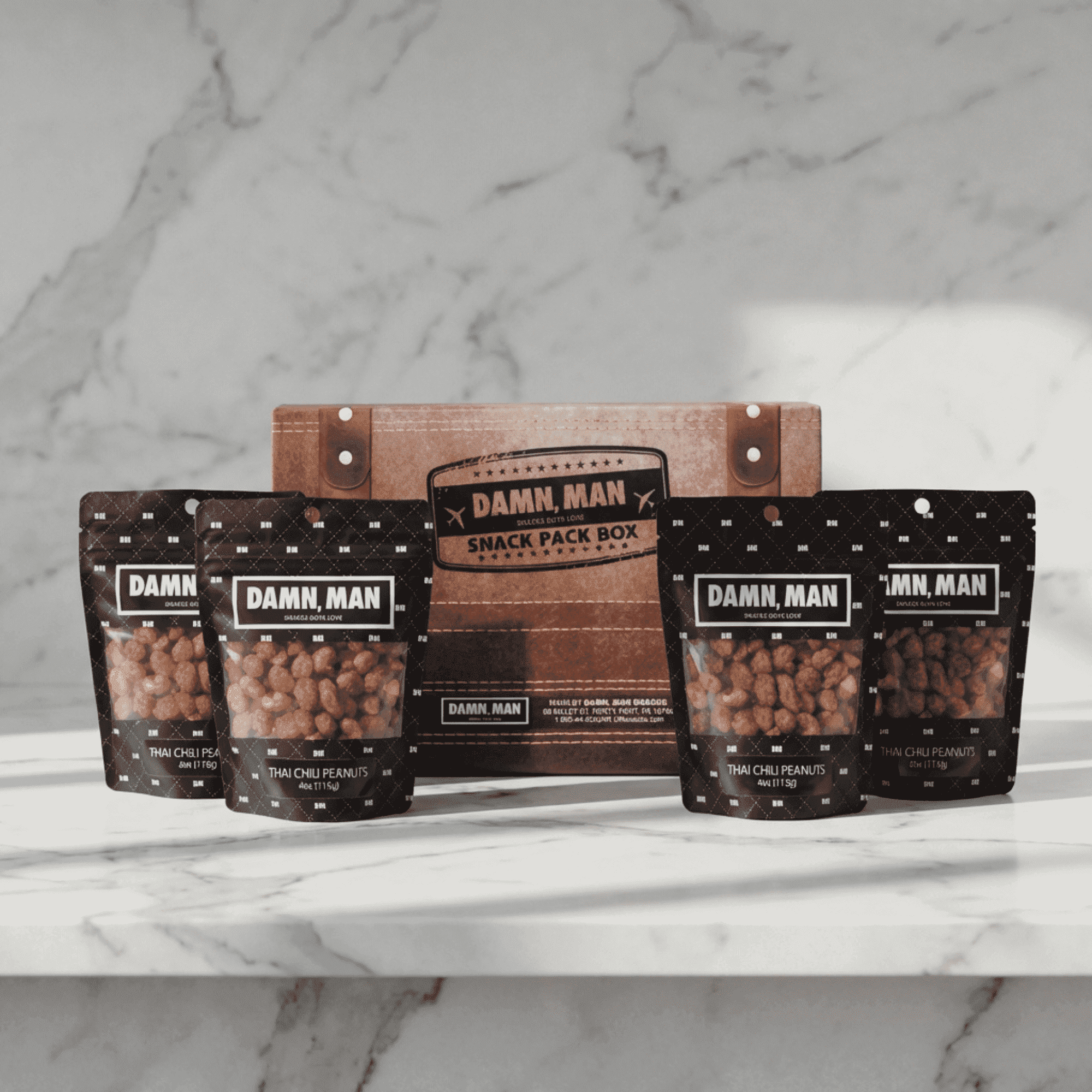 Damn, Man Thai Chili Peanuts Snack Pack Gift Box - 4 Bags Gourmet Nuts - 4 oz. Each - 1 lb Total