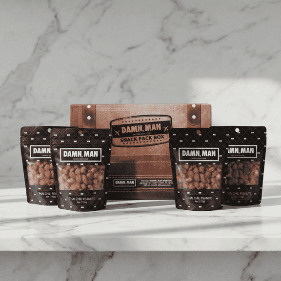 Damn, Man Thai Chili Peanuts Snack Pack Gift Box - 4 Bags Gourmet Nuts - 4 oz. Each - 1 lb Total
