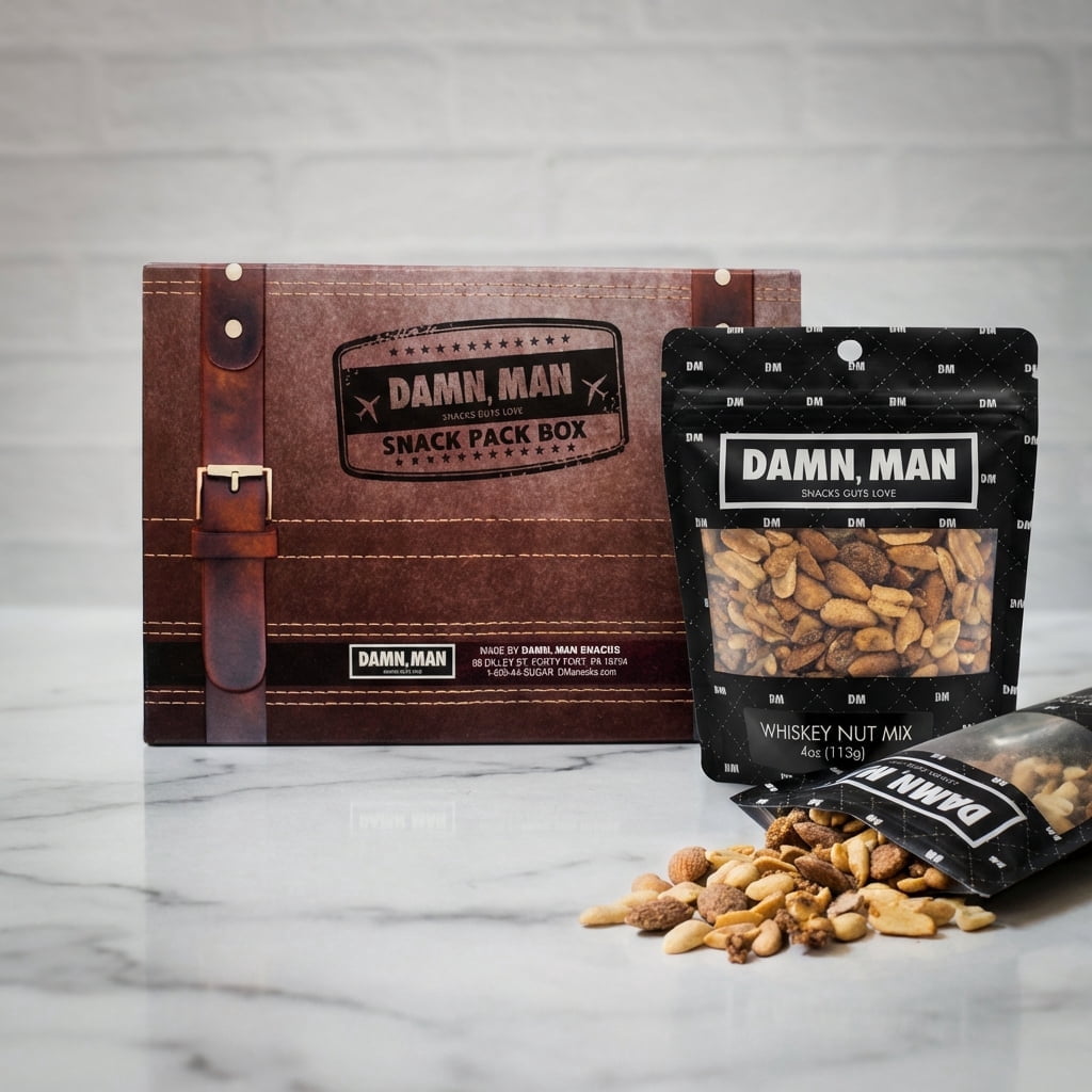 Damn Man Whiskey Nut Mix Gift Set Roasted Crunchy 4 Bag Father's Day Gift for Dad