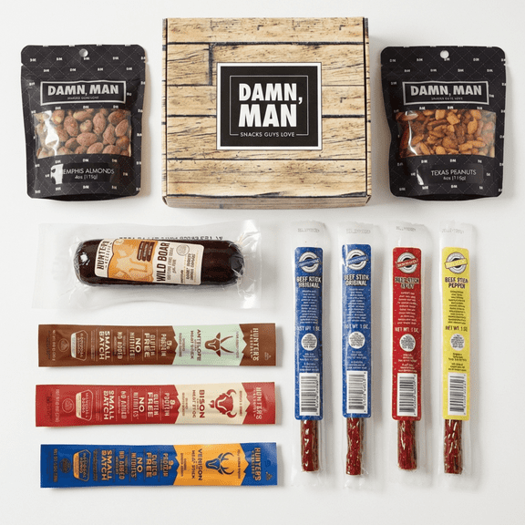 Damn Man Wild Game Meat and BBQ Nut Box - Beef Sticks, Sausage, Almonds, & Peanuts - 11 Snacks - 18.7 oz Total