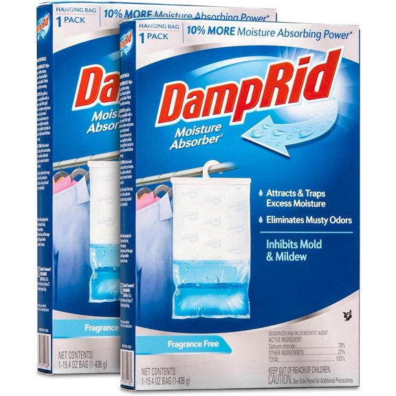 Damp Rid Bag Absorber - Free Humidity Absorber for Closets, Closet Deodorizer & Odor Absorber, 15.4 oz Bags 2 Pack - Packaging
