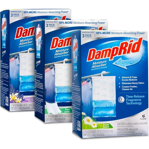 Damp Rid Hanging Bag Moisture Absorbers - 3 Packs of 3-15.4oz (Pure Linen, Lavender Vanilla, Fresh Scent) - Closet Deodorizer Odor Eliminator, 10% More Moisture Absorbing Power - Ilios Packaging