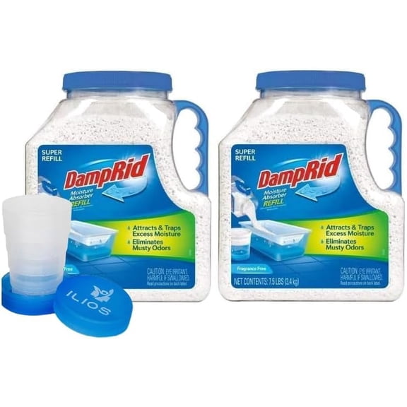 Damp Rid Moisture Absorber Refill Container 7.5 lb Fragrance Free Odor and Moisture Absorber for Basements, Closets & Storage Spaces High-Capacity Humidity Control, 2 Pack Ilios Packaging