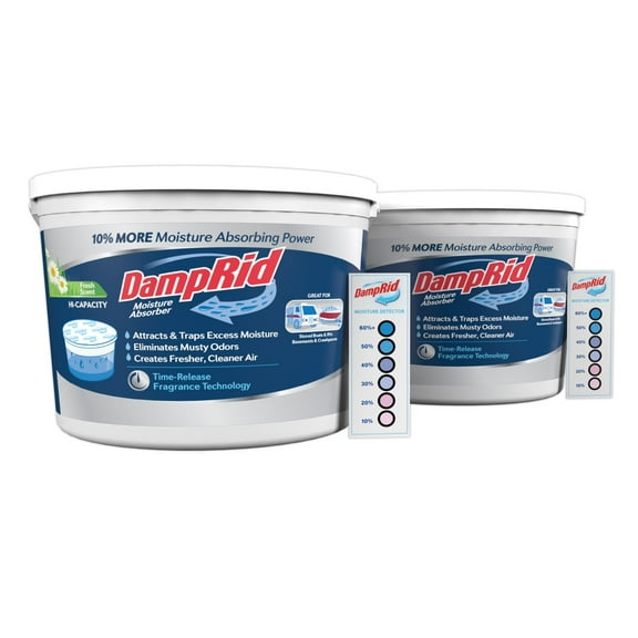 DampRid Hi-Capacity Moisture Absorber Bucket, Fresh Scent, 2 lb. 15.5 oz. & Moisture Detection Strip 2 Pack, Attracts & Traps Excess Moisture