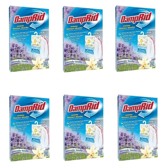 DampRid Moisture Absorber Hanging, Lavender Vanilla Scent (6 Pack) - Dehumidifier for Closets, Bathrooms, Basements - Odor Control, Mildew Prevention, Home Dehumidifying