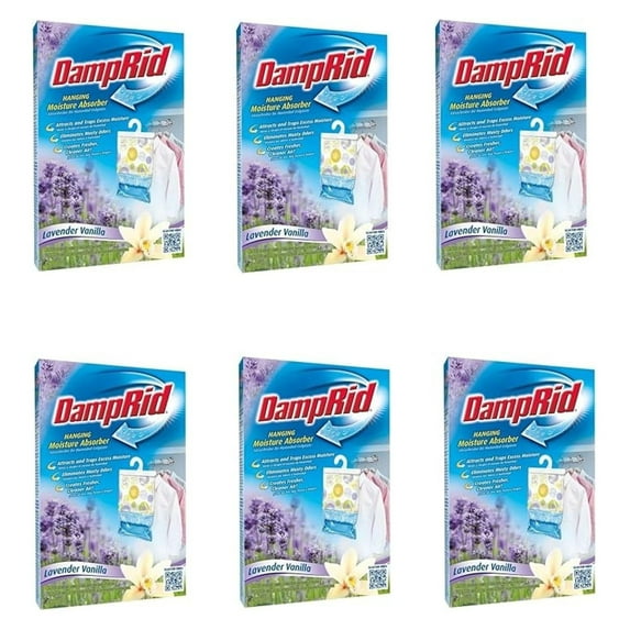 DampRid Moisture Absorber, Lavender Vanilla Scent (6 Pack) - Hanging Dehumidifier for Closets, Bathrooms, Basements - Odor Control, Mildew Prevention