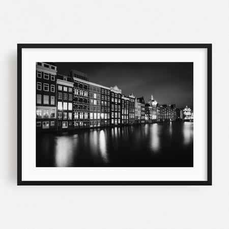 Damrak Canal B&W - Amsterdam The Netherlands Photography Black and White Architecture City Nightlife Water Skyline Travel Poster Black Framed Wall Art Print 5 x 7 inches