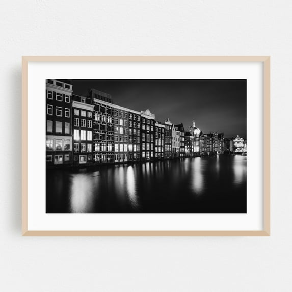 Damrak Canal B&W - Amsterdam Netherlands Photography Oak Framed Wall Art Print 16 x 24 inches