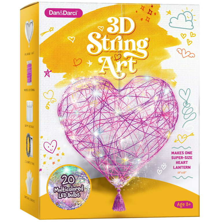 Dan&Darci 3D String Art Kit for Kids - Makes a Light-Up Heart Lantern - 20  Multi-Colored LED Bulbs - Kids Gifts - Crafts for Girls and Boys Ages 8-12  - DIY Arts