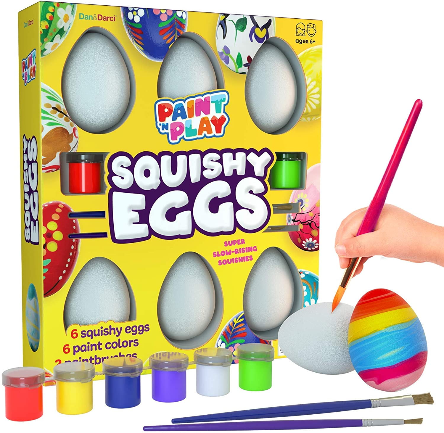 Dan&Darci Easter Egg Squishy Painting Kit - Arts and Crafts for Girls and Boys - Kids Art Activities - Craft Gift for Kids Ages 4-10 year old Girls - Decorate 6 Slow Rising White Squishies with Paint