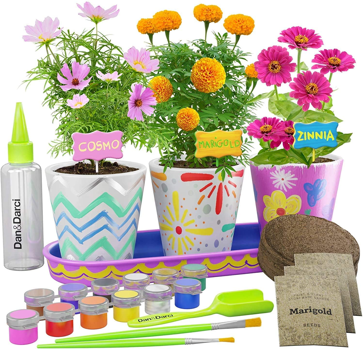 Dan&Darci Paint & Plant Stoneware Flower Gardening Kit - Birthday Gifts for Girls & Boys Ages 4-10 - Kids Arts & Crafts Project Science Gift STEM Activity - Grow Cosmos Zinnia & Marigold