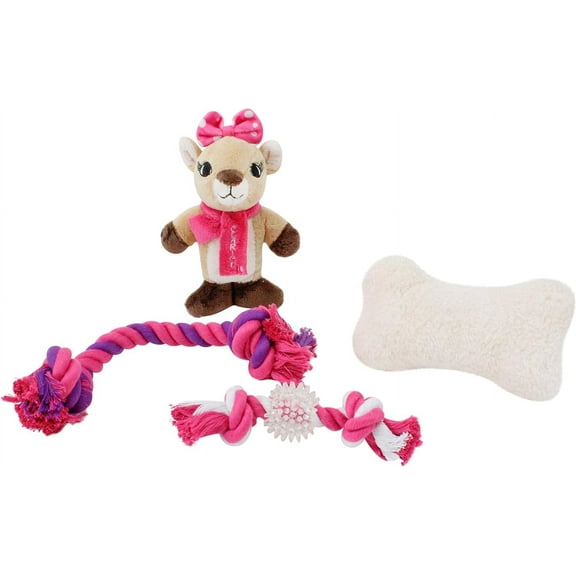 Dan Dee Rudolph The Red-Nosed Reindeer 4-Piece Ball, Rope, and Two Squeaker Pet Toy Bundle