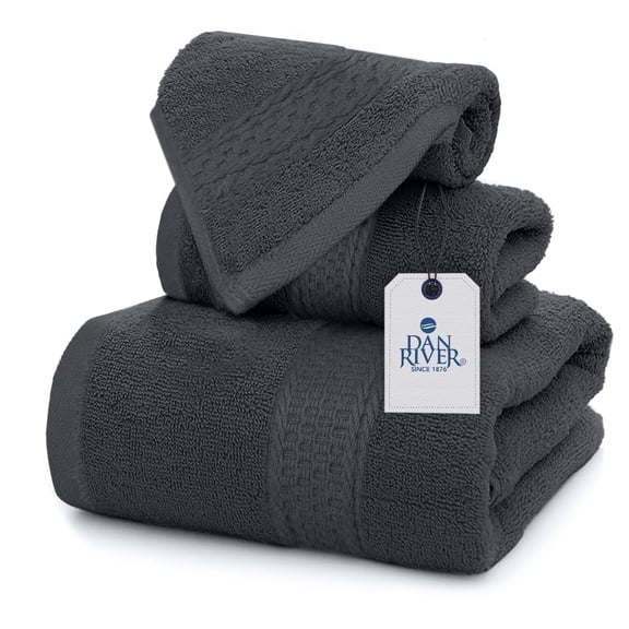 Dan River 3 Piece Towel Set Soft Quick Drying Cotton Bath Towel For Gym, Spa and Bathroom -Charcoal