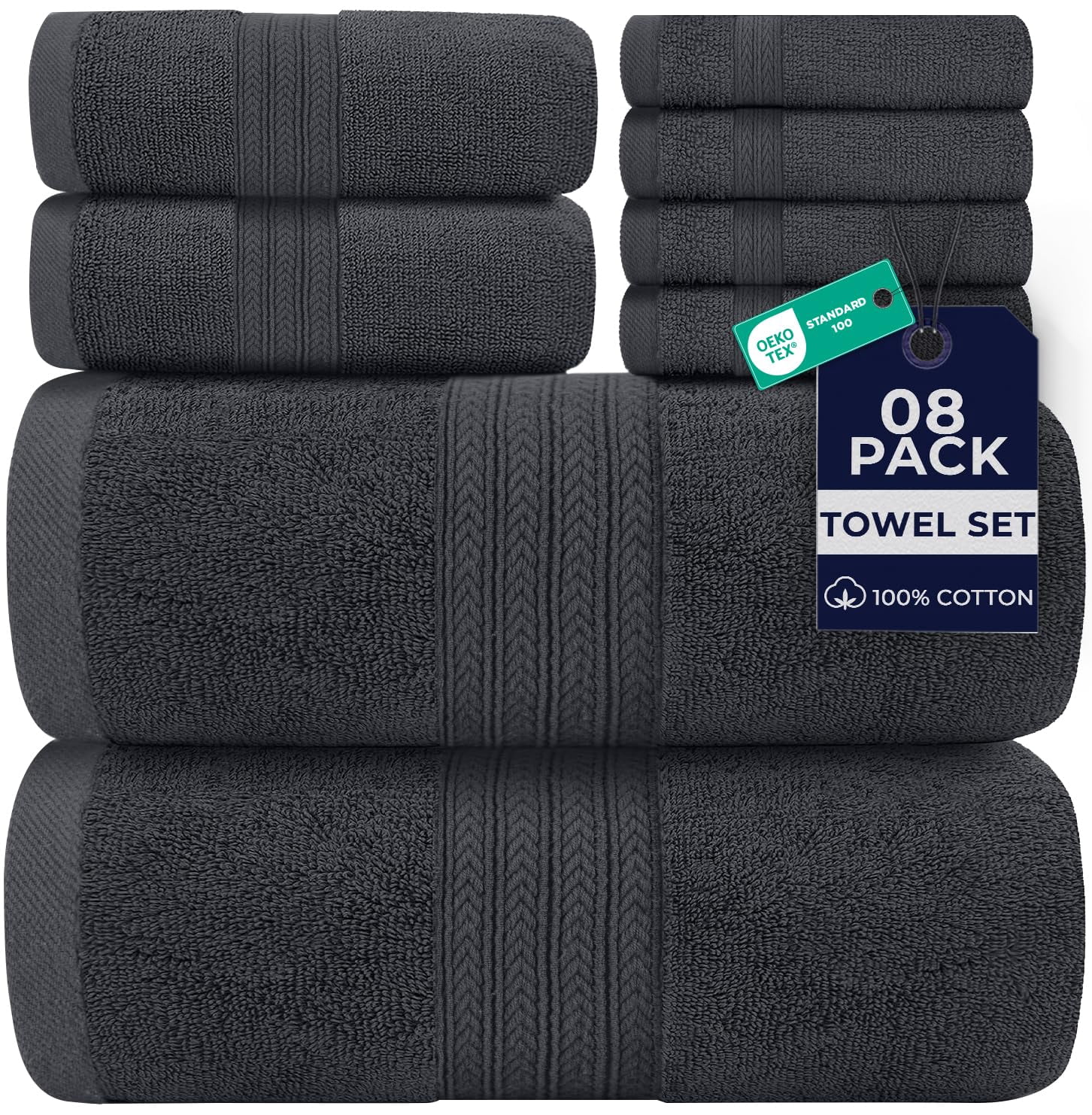 Dan River 8 Piece Towel Set Soft Quick Drying Cotton Bath Towel For Gym, Spa and Bathroom - Charcoal