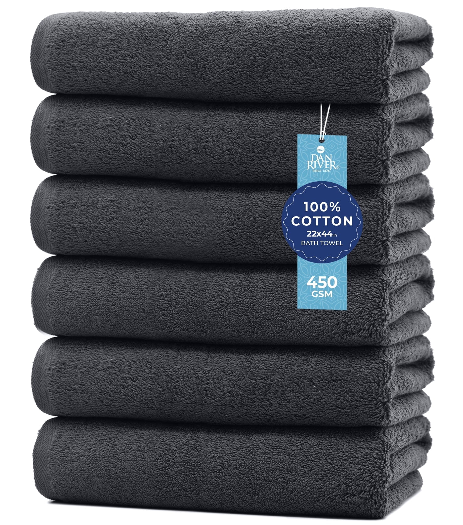 Dan River Bath Towel 6 pack 22x44 in Ultra Soft Quick Drying Cotton Towel - Charcoal