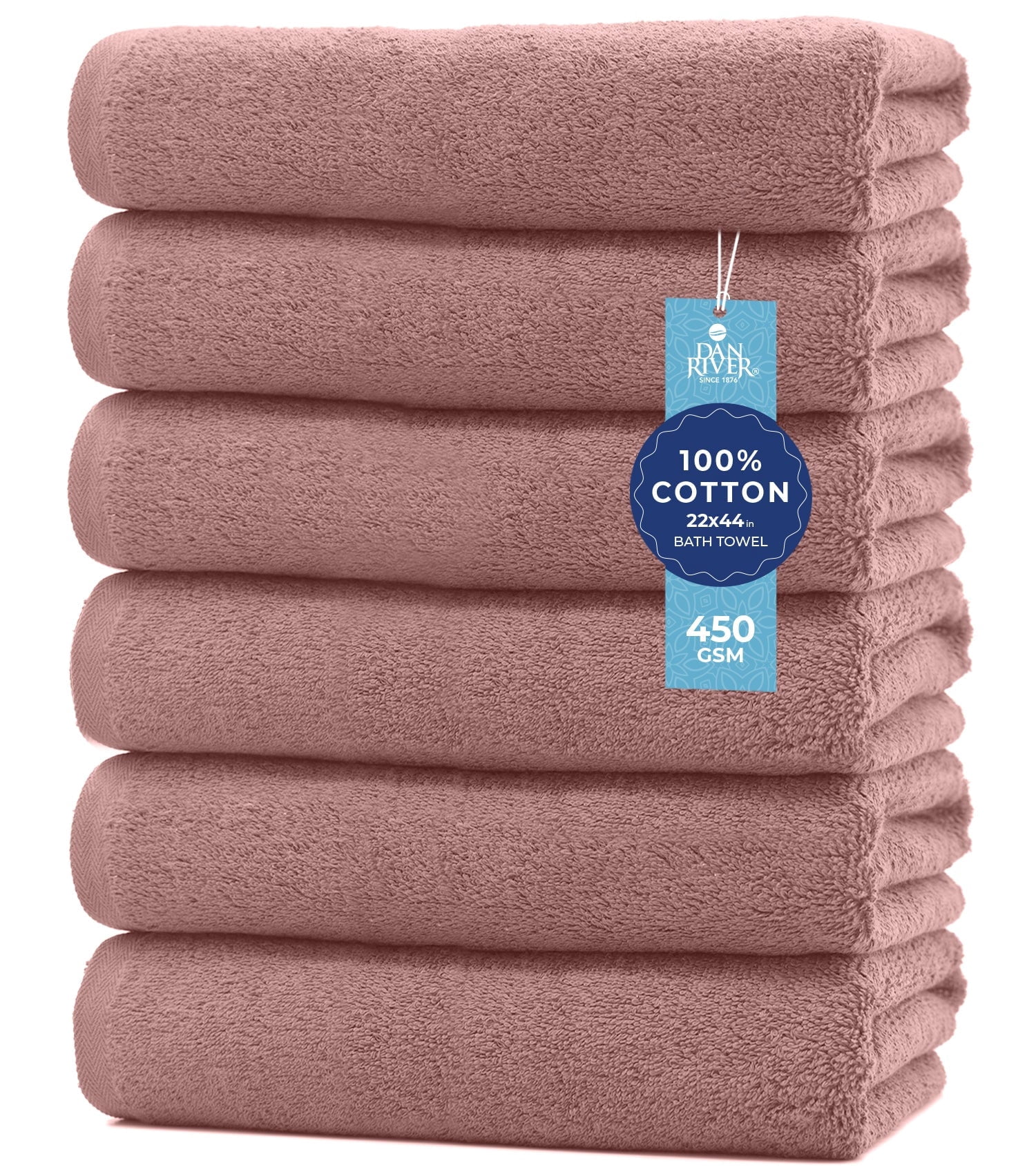 Dan River Bath Towel 6 pack 22x44 in Ultra Soft Quick Drying Cotton Towel - Dusty Rose