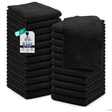 Dan River Washcloths Pack of 24 High-Quality Soft Cotton Absorbent and Multipurpose Wash Clothes for Face & Body - Black, 12x12in