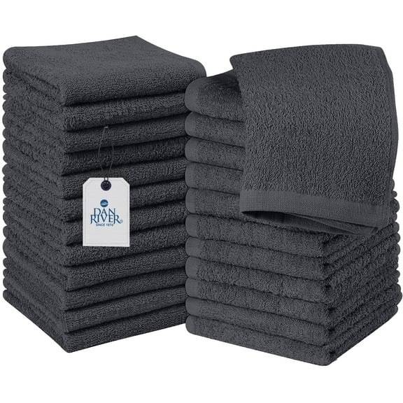 Dan River Washcloths pack of 24 High-Quality Soft Cotton Absorbent and Multipurpose Wash Clothes for Face & Body - Charcoal, 12x12in