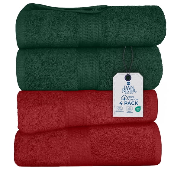 Dan River Bath Towel 4 Pack 27x54 in Ultra Soft Quick Drying Christmas Cotton Decorative Holiday Towels for Bathroom - Green/ Red