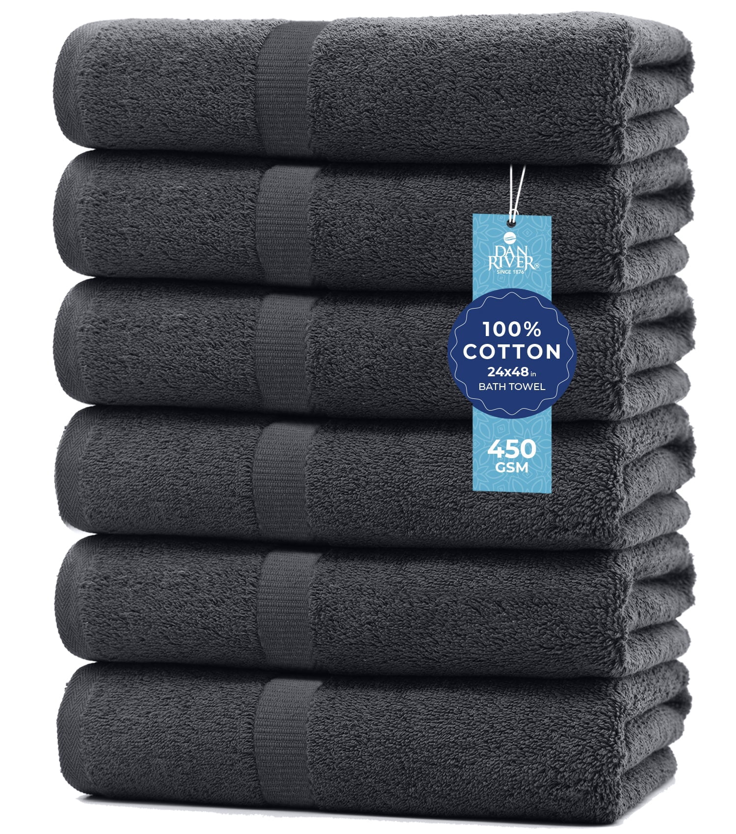 Dan River Bath Towel 6 pack 24x48 in Ultra Soft Quick Drying Cotton Towel - Charcoal