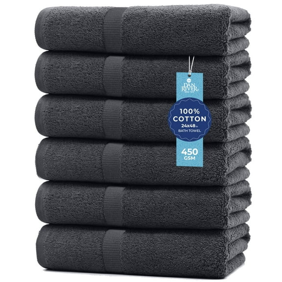 Dan River Bath Towel 6 pack 24x48 in Ultra Soft Quick Drying Cotton Towel - Charcoal