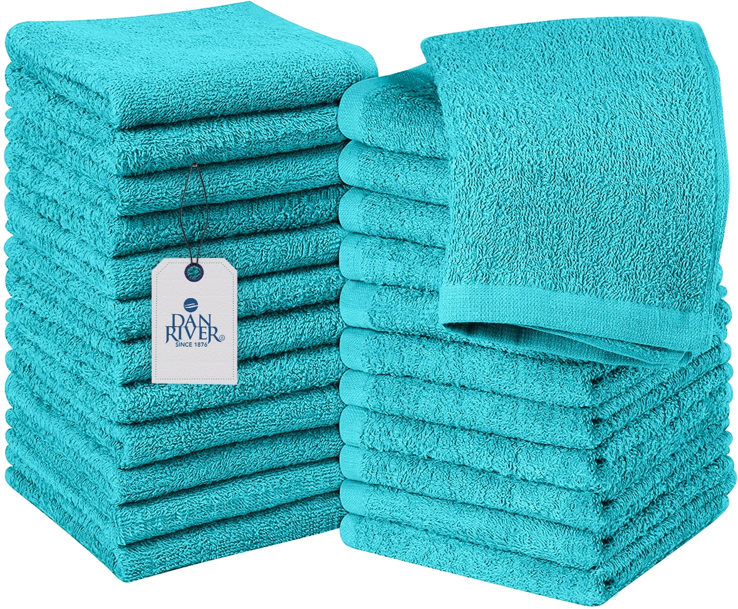 Dan River 100% Cotton Washcloths 24 Pack High-Quality Face and Body Cloth | Towels for Bathroom, Hand, Kitchen, Cleaning | 12x12 In | 400 GSM (Aqua)