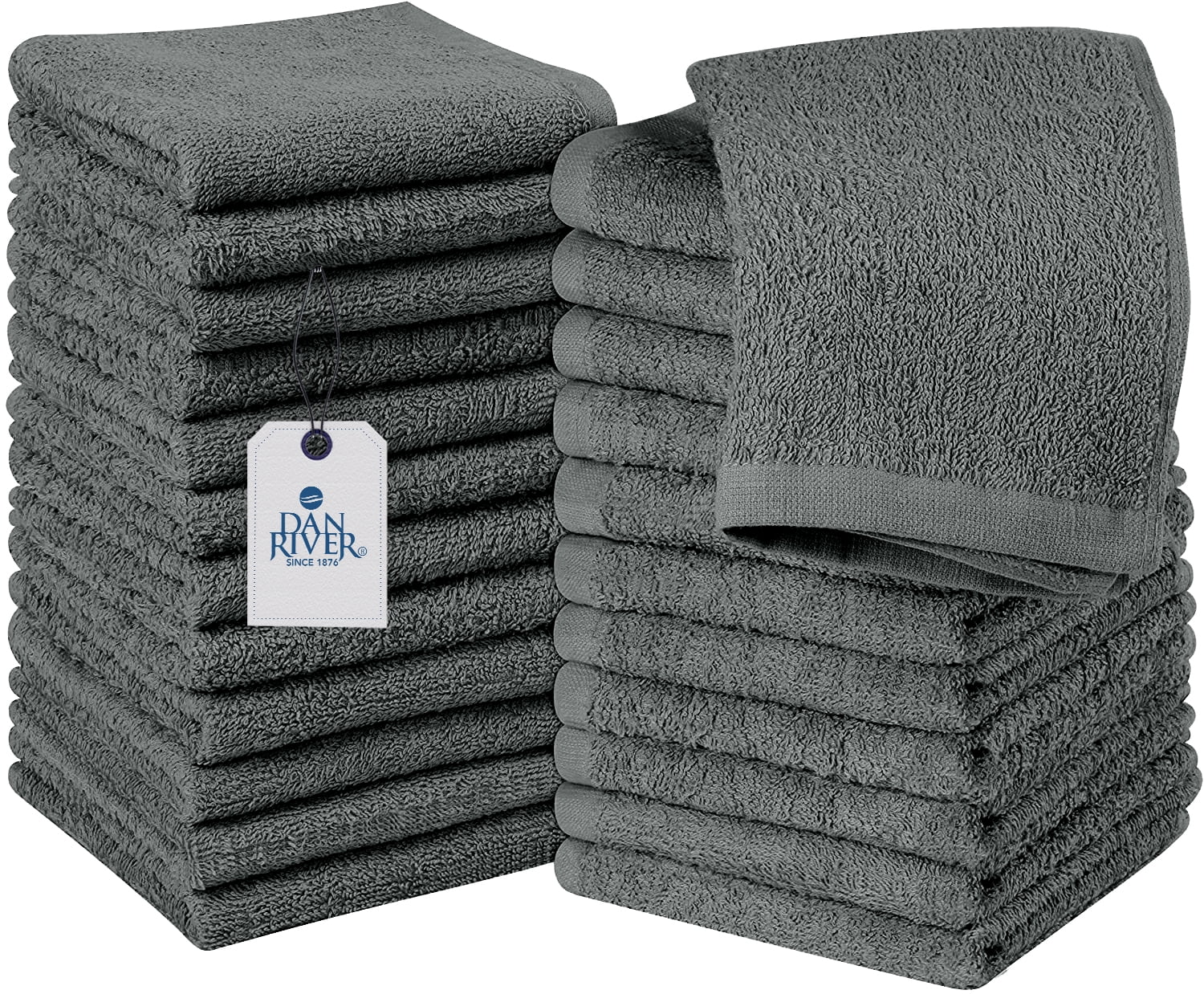 Dan River 100% Cotton Washcloths 24 Pack High-Quality Face and Body Cloth | Towels for Bathroom, Hand, Kitchen, Cleaning | 12x12 In | 400 GSM (Gray)