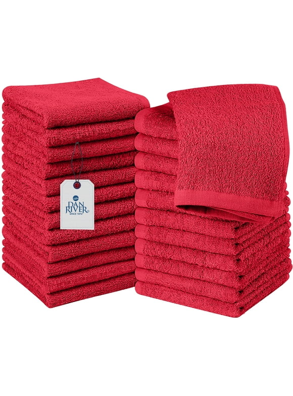 Dan River 100% Cotton Washcloths 24 Pack High-Quality Face and Body Cloth | Towels for Bathroom, Hand, Kitchen, Cleaning | 12x12 In | 400 GSM (Red)