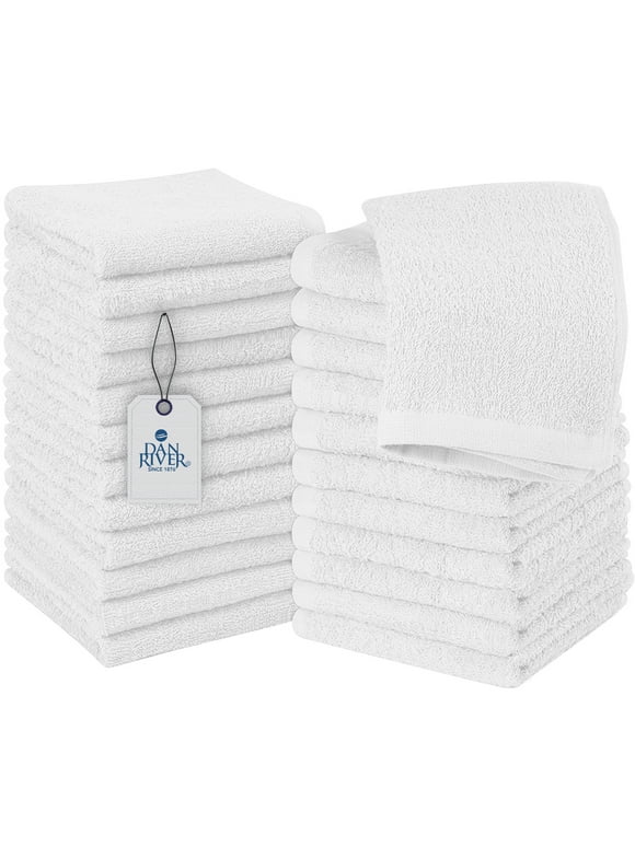 Dan River 100% Cotton Washcloths 24 Pack High-Quality Face and Body Cloth | Towels for Bathroom, Hand, Kitchen, Cleaning | 12x12 In | 400 GSM (White)