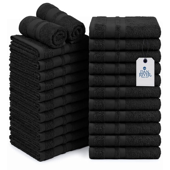 Dan River Salon Towel Pack of 24 Soft Quick Dry Absorbent Cotton Spa Hand Towel - Black, 16 x 26 Inches