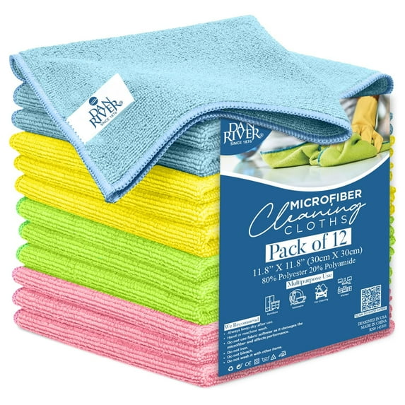 Dan River 12x12in Microfiber Rags for Cleaning, Car Towels & Washcloths - Assorted Colors, pack of 12