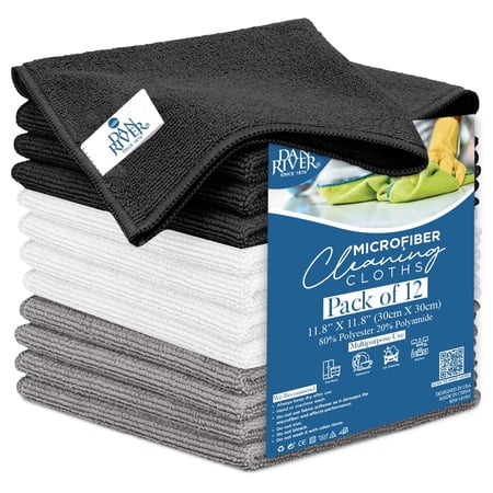 Dan River 12x12in Microfiber Rags for Cleaning, Car Towels & Washcloths - Gray, White & Black, 24 Pack