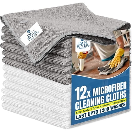Dan River 100% Microfiber Washcloth Pack of 12 Household & Automotive Cleaning Cloth Gray/ White Colors, 12x12in