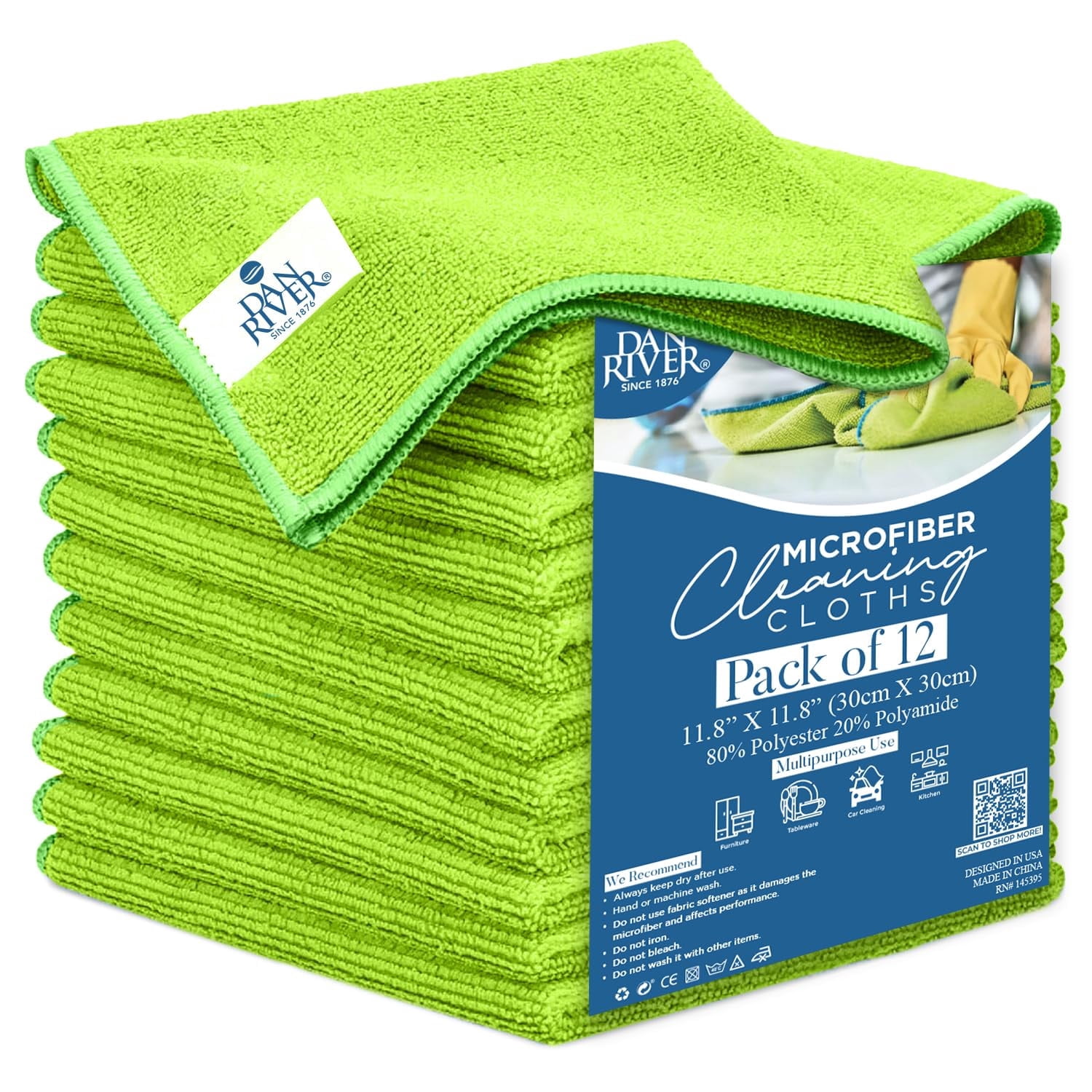 Green Window Rags Dan River 12x12in Microfiber Rags for Cleaning, Car Towels & Washcloths ...