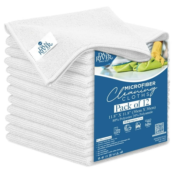 Dan River 12x12in Microfiber Rags for Cleaning, Car Towels & Washcloths - White, pack of 12