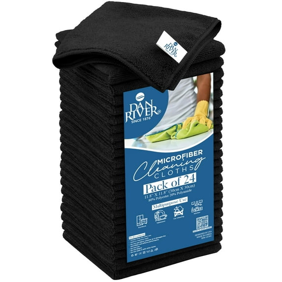 Dan River 12x12in Microfiber Rags for Cleaning, Car Towels & Washcloths - Black, pack of 24