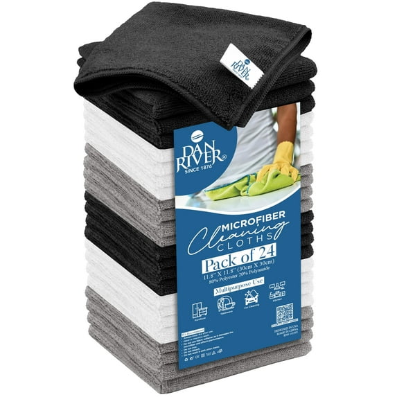 Dan River 12x12in Microfiber Rags for Cleaning, Car Towels & Washcloths - Gray, White & Black, 24 Pack