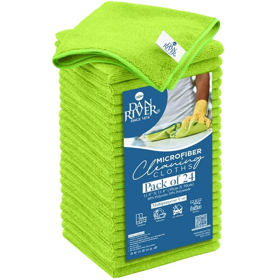 Dan River 12x12in Microfiber Rags for Cleaning, Car Towels & Washcloths - Green, pack of 24