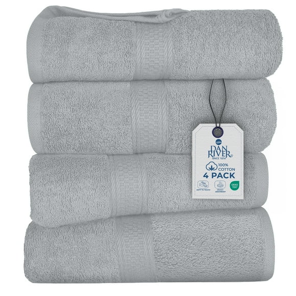 Dan River Bath Towel 4 Pack 27x54 in Ultra Soft Quick Drying Cotton Towel - Silver