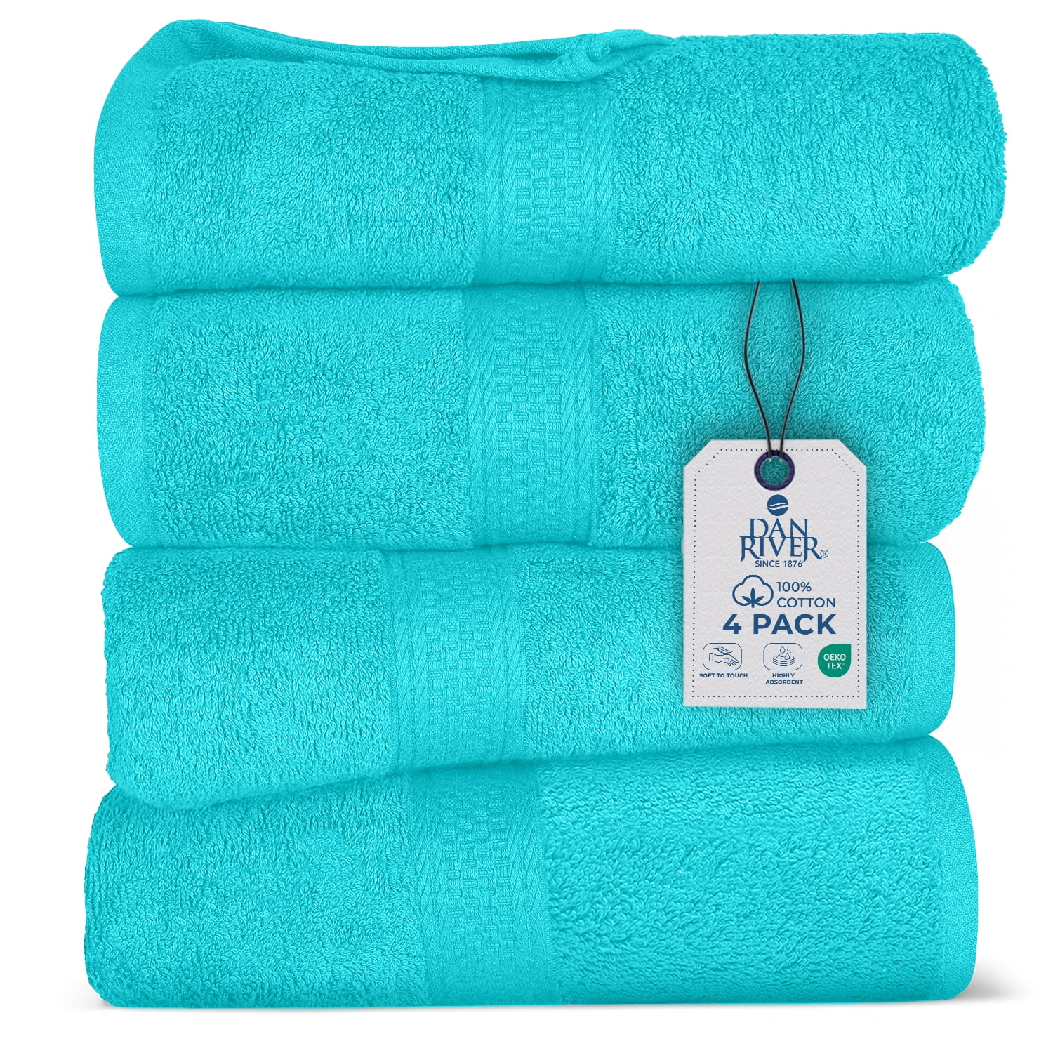 Dan River Bath Towel 4 Pack 27x54 in Ultra Soft Quick Drying Cotton Towel - Aqua
