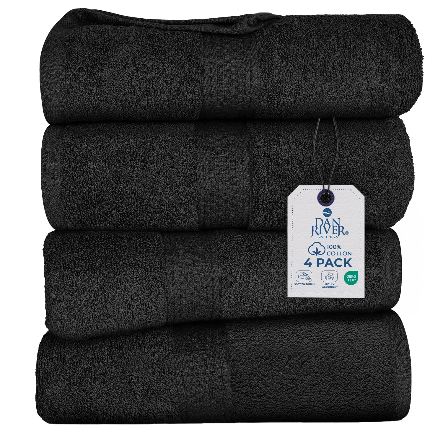 Dan River Bath Towel 4 Pack 27x54 in Ultra Soft Quick Drying Cotton Towel - Black