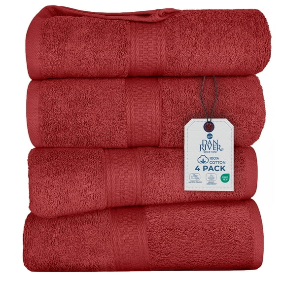 Dan River Bath Towel 4 Pack 27x54 in Ultra Soft Quick Drying Cotton Towel - Red