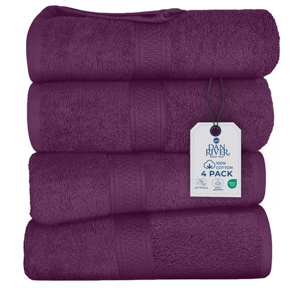 Dan River Bath Towel 4 Pack 27x54 in Ultra Soft Quick Drying Cotton Towel - Purple