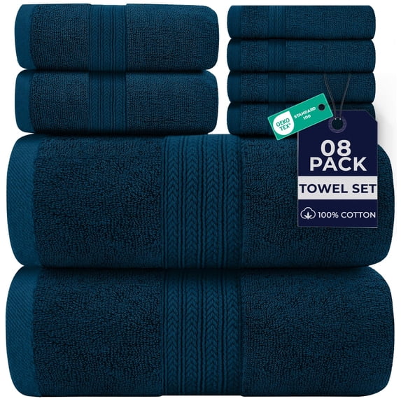 Dan River 8 Piece Towel Set Soft Quick Drying Cotton Bath Towel For Gym, Spa and Bathroom - Opal Blue