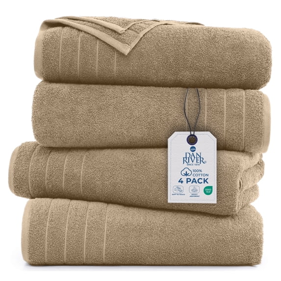 Dan River Bath Towel 30x60 pack of 4 Ultra Soft Quick Drying Large Cotton Towel - Tan