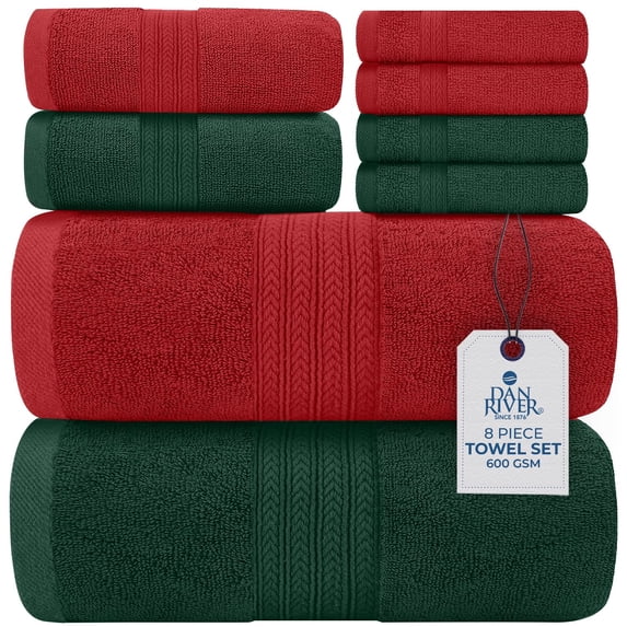 Dan River Bath Towel 8-Piece Set Soft Quick Drying Cotton Towels for Christmas Gym, Spa & Bathroom Festive Holiday Comfort - Green/ Red