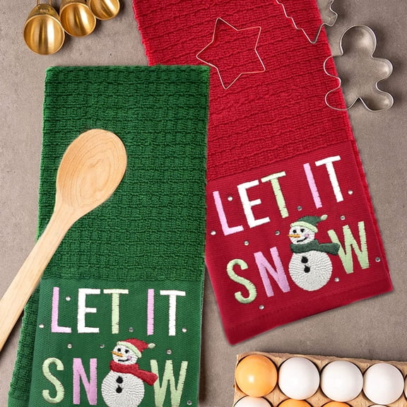 Dan River Christmas Decorative Kitchen Towels 2-Pack, "LET IT SNOW" Embroidered, Soft Absorbent Cotton Towels - 16x26 In