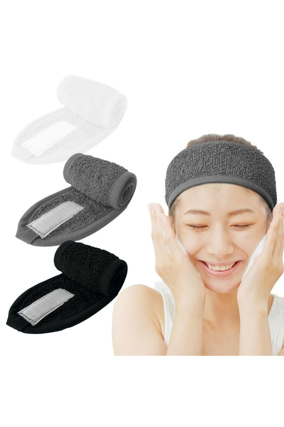 Head Band 3-Pack Wide Adjustable Spa Cotton Terry band for Women & Girls - White/ Black/ Gray, 25X3.5in