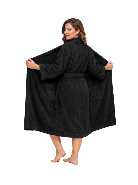 Bathrobe for Men and Women One Size Lightweight Cotton Terry Cloth Robe - Black